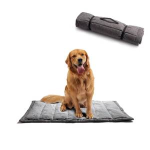 lot 2461 image: vmgreen Outdoor Dog Bed, Portable Travel Mat, Rollup Pet Camping Gear, Crate Pad with Carry Handles, Super Soft, Machine Washable, 42  28 Grey - Retail $36
