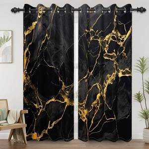 lot 2462 image: Renaiss Black Gold Marble Blackout Curtains for Bedroom Abstract Golden Texture Window Curtain Modern Luxury Crack Ink Art Window Drapes for Living Room Decor Curtains 2 Panels Set, 42x63 Inch - Retail $40
