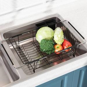 lot 5672 image: JASIWAY Dish Drying Rack in Sink, Over The Sink Colander Strainer Basket, Stainless Steel Strainer Basket with Expandable Rubber Grip Handles for Vegetables, Fruits, Home Kitchen Essentials, Black - Retail $32