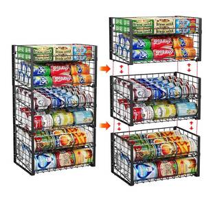 lot 5674 image: JKsmart 2-Tier Stackable Rack Organizer for Pantry, Adjustable Dispenser Holds Up to 90 Cans, Storage Holder for Various Ounces of Canned Drinks, Black, 3 Pack - Retail $43