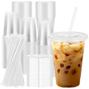 lot 5685 image: Lamosi 100 Pack 16 oz Clear Plastic Cups with Lids and Straws, Disposable Plastic Coffee Cups with Lids for Iced Coffee, Cold Beverages, Smoothies and To-Go Drinks - Retail $20