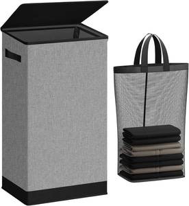 lot 6225 image: SOLEDI Laundry Hamper with Lid 100L Large & Tall Collapsible Laundry Basket, Clothes Hamper with Bag Removable Easy to Carry, Dirty Hampers for Bedroom, Bathroom, Dorm, College, Grey - Retail $25