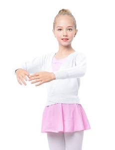 lot 6260 image: Daydance White Girls Dance Sweater Cardigan V-Neck Ballet Wrap Top Warm Up for Leotards, Long Sleeve Size M - Retail $10