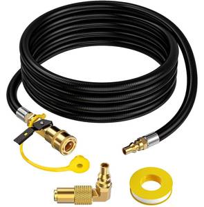 lot 6263 image: 12 FT RV Quick Connect Propane Hose for RV to Grill, LP Quick Connect Propane Hose with Elbow Adapter for 17 and 22 Blackstone Griddles, 14 Shutoff Valve & 14 Male Full Flow Plug. - Retail $24