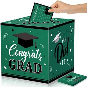 lot 6277 image: Nezyo Graduation Card Box with 30 Pcs Advice Cards Congrats Grad Gift Card Box Class of 2025 Card Holder Box Graduation Party Card Box Holder for School College Graduation Party(Green,Grad) - Retail $10