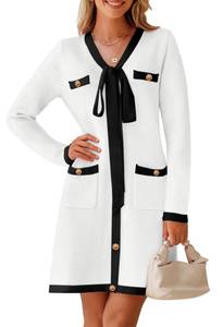 lot 6279 image: MEROKEETY Women Long Sleeve Color Block Sweater Dress Button Bow Tie Elegant Formal Work Mini Dresses, White, Small - Retail $20