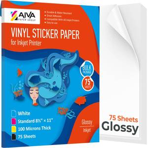 lot 6294 image: Printable Vinyl Sticker Paper - Waterproof Decal Paper for Inkjet Printer - 75 Self-Adhesive Sheets - Glossy White - Standard Letter Size 8.5x11 - Retail $49