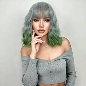 lot 6295 image: VCKOVCKO Short Wavy Bob Wigs With Air Bangs Womens Shoulder Length Curly Wigs Synthetic Cosplay Mint Green Gradient Bob Wig for Girl (12,Mint Green Gradient - Retail $27