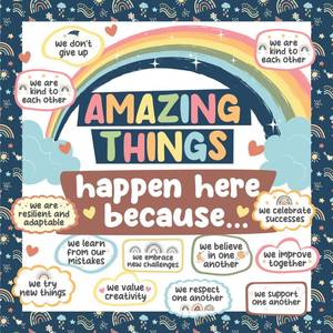 lot 6306 image: Decorably 112 Pcs Cutouts Boho Rainbow Theme Amazing Things Happen Here Bulletin Board Decorations Set with Borders, Boho Bulletin Board Decorations - Retail $13