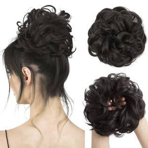 lot 6312 image: CJL HAIR Large Messy Bun Hair Piece Wavy Curly Scrunchies Synthetic Chignon Ponytail Hair Extensions Thick Updo Hairpieces for Women Brown Black - Retail $10