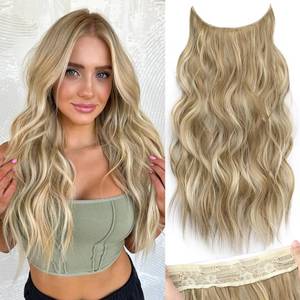 lot 6315 image: KooKaStyle Invisible Wire Hair Extensions with Transparent Wire Adjustable Size 4 Secure Clips Long Wavy Curly Secret Synthetic Hairpieces(20 Inch,Dark Ash Blonde mix Light Blonde Highlights) - Retail $19