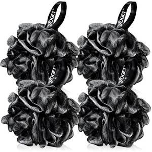 lot 6336 image: Yoget Bath Loofah Sponge, 4 Pack Black 60G Shower Mesh Ball Soft Pouf Body Scrubber, Exfoliate, Cleanse, Soothe Skin, Black Loofah with White Trim - Retail $7