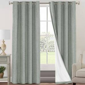 lot 6354 image: PrinceDeco Blackout Curtains for Bedroom 96 Inches Long Linen Look Curtains for Living Room Black Out Curtains Room Darkening Thermal Curtains with White Liner Backing for Nursery Decor,Green Bay - Retail $45