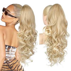 lot 6420 image: REECHO Ponytail Extension, 24 Claw Clip in Long Curly Wavy Ponytail Hair Extension Jaw Clip on Pony Tails Hairpiece for Women - Dark Blonde with Light Ends - Retail $22
