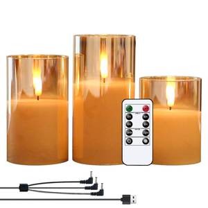 lot 6437 image: GenSwin Rechargeable LED Flameless Flickering Glass Candles with Remote Timer, Battery Operated Pillar Candles Long Lasting Gold Real Wax USB Candle (D 3 x H 4 x 5 x 6) - Retail $33