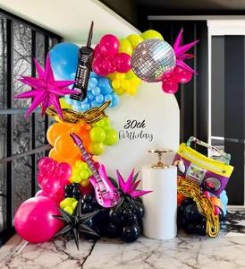 lot 6438 image: 80S Music Theme Balloon Garland 90S Party Decorations Hot Pink Teal Orange Balloons with Radio Guitar Music Disco Ball starburst Balloon for Back to 90s 80s Hip Pop Karaoke Party Decor 2025 grad - Retail $18