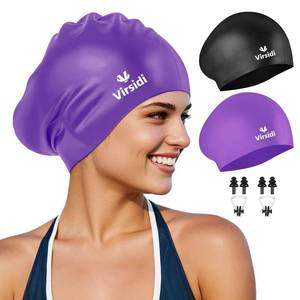 lot 6444 image: 2 Pack Swim Cap for Women Men Adult, Silicone Swimming Caps for Short Long Hair, Waterproof Swim Hats Bathing Caps to Keep Hair Dry with Nose Clip and Earplugs (Black&ampPurple) - Retail $13