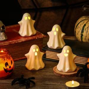lot 6453 image: 4PCS Ceramic Ghost Light Up Decor, Cute Ghost Halloween Decor, Small White Ghost Figurine Timer Led Ghost Figurines for Desk Tabletop Centerpieces, Halloween Decoration Indoor - Retail $23