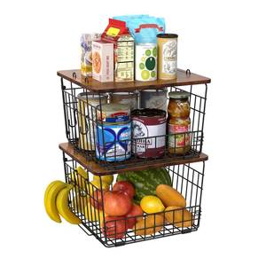 lot 9776 image: Delamu 2 Pack Stackable Wire Basket with Wood Top,Pantry Organizer and Storage,Potato Basket Onion Storage for Kitchen Counter,Spice Organizer for Cabinet - Retail $25