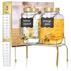 lot 9777 image: One Lid Broken, See Photo 1 Gallon Glass Drink Dispenser Set of 2  Drink Dispensers for Parties, Beverage Dispenser with Stand &amp 100% Leakproof Spigot, Ideal for Lemonade, Juice, Iced Tea, Laundry Detergent Dispenser - Retail $43