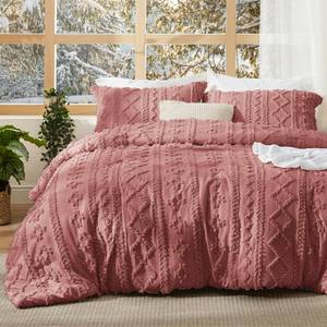 lot 9778 image: Bedsure Tufted Boho Comforter Set Queen Size - Grayish Pink Boho Bed Set, GentleSoft 3 Pieces Farmhouse Shabby Chic Embroidery Bedding, Gifts for Woman, Soft Jacquard Queen Comforter for All Seasons - Retail $60
