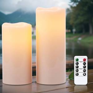 lot 9785 image: See Photo, Both Candles Same Size Eldnacele 8 10 x 4 Large Waterproof Outdoor Flameless Candles Remote and Timer, Battery Operated White Plastic LED Flickering Pillar Candles 2 Pack Dinner Wedding Porch Garden Lanterns Home Decor - Retail $22