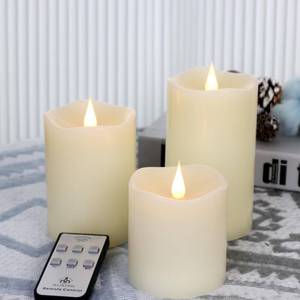lot 9786 image: TECHLONG Flameless Candles Battery Operated with Remote Timer, 3D Moving Flame Flickering, Last 600 Hours Battery Candles, Set of 3 Ivory Real Wax Electric LED Candle for Wedding Party Decor - Retail $30