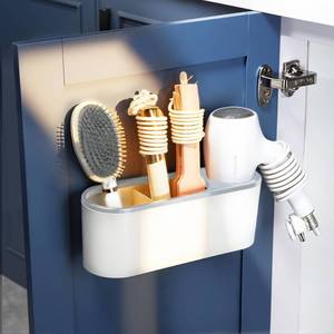 lot 9787 image: YIGII Hair Dryer Holder Self-Adhesive, 3-in-1 Hair Tool Organizer Bathroom Organizer Wall MountedOver Cabinet DoorFree-Standing,White Grey - Retail $16