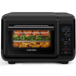 lot 9803 image: Used Like New But Missing Trays Chefman Air Fryer Toaster Oven Combo, 15 Qt. Countertop Oven for Quick &amp Healthy Meals, Bake, Broil, Air Fry, Toast, and Bagel Functions, 450°F Max Temp, 4 Slice Toaster Oven Air Fryer Combo  Black - Retail $110
