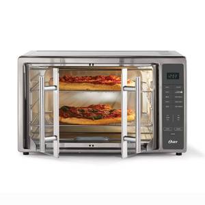 lot 9815 image: Some Denting in Rear Oster Air Fryer Oven 10-in-1 Countertop Toaster Large Enough for 2 Pizzas Stainless Steel French Doors XL Sized - Retail $380