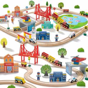 lot 9823 image: Tiny Land 110PCS Wooden Train Set  Toy Train with Tracks for Kids Ages 3-7, Compatible with Major Brands, Ideal Railway Playset for Boys and Girls, Great Birthday - Retail $70