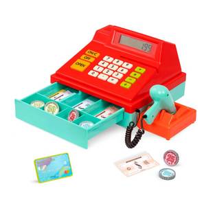 lot 9824 image: Battat  Toy Cash Registerwith scanner For Kids, Toddlers  49 Pieces with Money, Credit Card, Scanner  Pretend Play Toy  3 Years - Retail $34