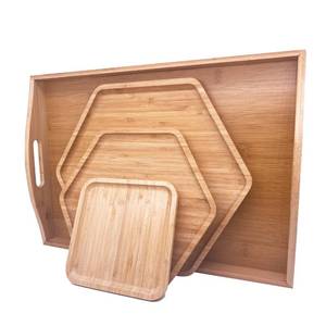 lot 9827 image: PAFREWOG Bamboo Serving Trays Dinner Plates Cheese Board 16.5x11.8 (42x30cm with Handle), Set Includes 1xHexagon 12.5(32cm)1xHexagon 9.8(25cm)1xSquare 5.9(15cm) Plates for Family Dinner - Retail $27