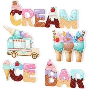 lot 10394 image: Kigley 5 Pcs Wooden Ice Cream Centerpiece Table Sign Ice Cream Bar Letter Truck Decorations Party Favor for Summer Theme Baby Bridal Shower Wedding Graduation Birthday Supplies - Retail $19