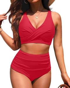 lot 10395 image: High Waisted Two Piece Swimsuit-Womens Bikini Set Tummy Control Bathing Suit Modest Full Coverage Bikini 2025 Red S - Retail $30