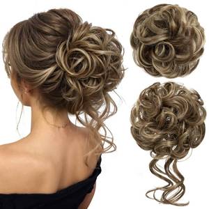 lot 10396 image: CJL HAIR 2PCS Messy Bun Hair Pieces Wavy Curly Synthetic Updo Chignon Fake Scrunchies Ponytail Extension for Women BrunetteAsh Blonde - Retail $18
