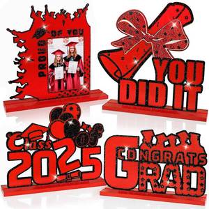 lot 10406 image: DISENB 4Pcs Large Gradution Decorations Class of 2025 Wooden Table Centerpieces Tiered Tray Decor for 2025 Graduation Party Graduation Photo Props Red - Retail $9