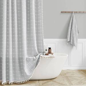 lot 10409 image: BTTN Extra Long Shower Curtain, 72x84 Inch Long Boho Chic Tassel Linen Fabric Shower Curtain Set with Hooks, Tall Modern Farmhouse Elegant Weighted Thick Cloth Shower Curtains for Bathroom, GrayGrey - Retail $36