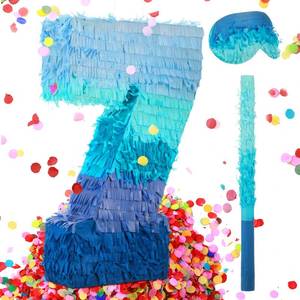 lot 10414 image: Sratte Number 7 Piata with Stick Blindfold Confetti, Gradient Blue Piata for Kids Boys Girls Birthday Party Anniversary Decorations Supplies(Number 7) - Retail $28