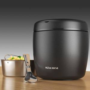 lot 10425 image: Misonea Thermo for Hot Food 32OZ, Vacuum Insulated Food Jar for Adults, Stainless Steel Soup Thermo Wide Mouth Leakproof Lunch Containers with Spoon for School Office, Black - Retail $30
