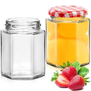 lot 10437 image: Showvigor Hexagonal Glass Jars with Red Gingham Lids - 280ml (9oz) Airtight Storage Containers for Jam, Pickling, Chutney, Candy - 2 Pack - Retail $6