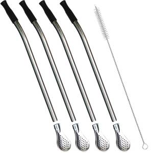 lot 10442 image: Reusable Bombilla Yerba Mate Straw - Stainless Steel Removable Spoon Style Filter with Soft Silicone Tip - Metal Straw for Drinking Loose Leaf Tea, Coffee - Includes Cleaning Brush by Beruth (Black) - Retail $8