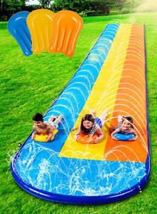lot 11007 image: Sloosh Triple Water Slide with 3 BodyBoards, 18FT Lawn Water Splash Slip and Slide Summer Toy Splash Pad with Build in Advanced Sprinkler for Kids Adults Backyard Summer Water Fun - Retail $40