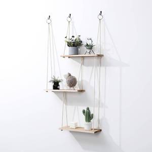 lot 11011 image: LOSOUR Hanging Shelves for Wall, 3 Tier Boho Wall Decor Hanging Plant Shelf Floating Shelves Rope Rustic Wood Organizer Storage Hanger Rack for Bedroom Kitchen Bathroom Living Room (Brown, Medium) - Retail $35