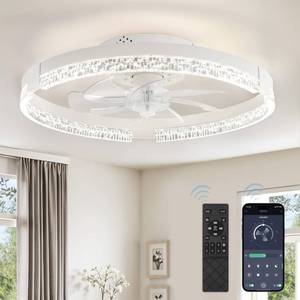 lot 11021 image: LEDIARY Flush Mount Ceiling Fan with Lights and Remote, 19.7 Low Profile, 3000-6000K Dimmable Fandelier, 6 Wind Speeds, White Modern LED Fan Light for Bedroom - Retail $45