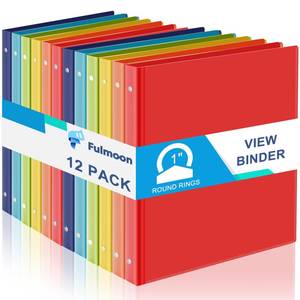 lot 11022 image: Fulmoon 12 Pcs 1 Inch 3 Ring Binders with 2 Interior Pockets Fits Letter Size Paper 8.5 x 11, Clear View 1-inch Three Ring Binders or School Office Home Supplies(Colorful) - Retail $37
