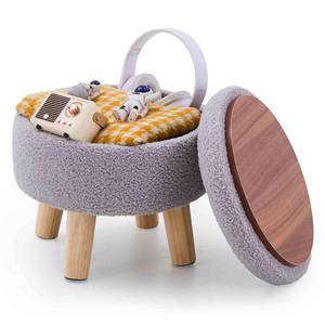 lot 11039 image: Wimarsbon Storage Ottoman, Modern Round Footrest with Soft Padded Seat, Teddy Velvet Footstool with Wood Legs, Accent Small Table or Plant Stand for Hallway, Living Room (Grey) - Retail $40