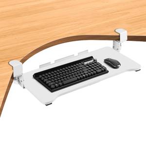 lot 11045 image: VUSIGN Keyboard Tray Under Desk Height Adjustable,Pull Out with Adjustable C Clamp Mount System for L-Shaped Tables, Extra Sturdy, 26.4 x 11.8 Slide-Out Platform Computer Drawer for Typing,White - Retail $50