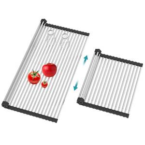 lot 11069 image: BBXTYLY Extra Large Expandable Roll Up Dish Drying Rack,Over The Sink Drying Rack Sink Cover Kitchen Sink Accessories Kitchen Rolling up Stainless Steel Drainer, Foldable,Rollable (Black, 22.8-17) - Retail $24
