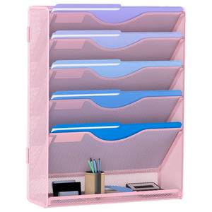 lot 12027 image: Gawerk 6 Tier Hanging File Organizer, Mesh Wall File Holder Paper Folder Rack with Bottom Flat Tray for Office Home, Pink - Retail $24